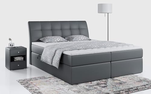 MKS MEBLE Boxspringbett 140x200 Grau Kunstleder, Bett mit Multipocket Matratze H3 und Topper, Polsterbett 140x200 mit Bettkasten und Kopfteil, DIEGOS Dunkelgrau Kunstleder