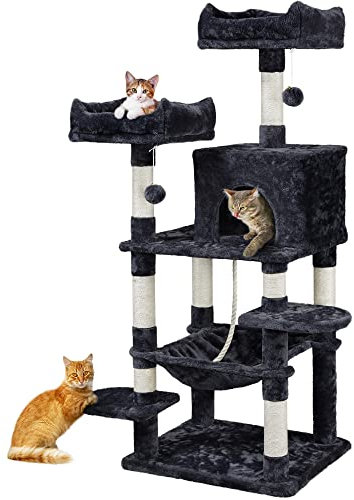 Yaheetech Katzenbaum Plüsch Kletterbaum Katzenkratzbaum Stabil Katzenmöbel mit Katzenhöhle und Hängematte, 150 cm hoch