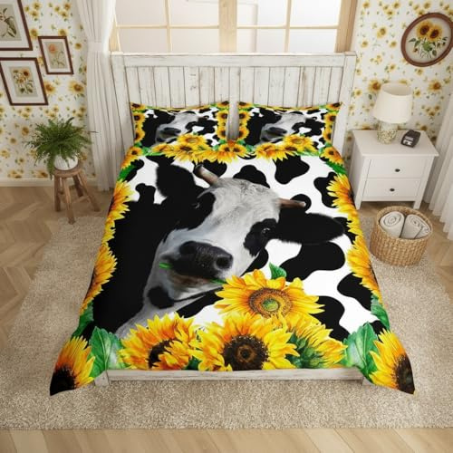 Kuh-Bettbezug-Set, 155 x 220 cm, Milchkuh-Tier und gelbe Sonnenblumen, Muster, Dekor, Bettbezug-Set für Jungen, Kinder, Schlafzimmer, Geschenk, Bettwäsche-Set mit Blumen- und Kuhdruck + 1 Kissenbezug