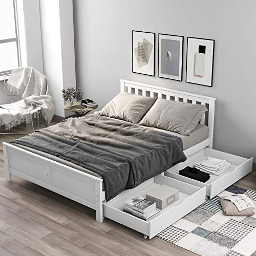 ADIBY Wooden Double Bed White Pine Storage Bed Frame With 2 Drawers Sturdy Bed Frames with Under Bed Storage for Adults, Kids, Teenagers