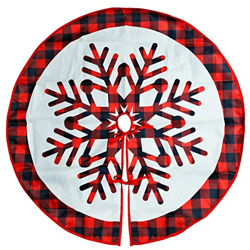 Weihnachtsbaum Rock Rot und Schwarz Karierter Weihnachtsbaumrock, 90 Cm Christmas Tree Skirt mit Schneeflocke Runde Baumdecke Unterlage mit Weihnachtsmotiv Weihnachtsbaummatte Schneeflocke baumrock