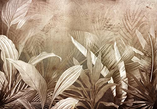 decomonkey Fototapete selbstklebend Pflanzen 343x256 cm Selbstklebende Tapeten Wand Fototapeten Tapete Wandtapete klebend Klebefolie Deko Abstrakt Blätter Laub Steinwand braun beige