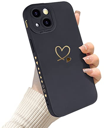 Newseego Hülle Kompatibel mit iPhone 14 (6,1 Zoll) Mode Gold Herz Muster Design Weiches Flüssigsilikon iPhone 14 Hülle Niedliches Herz Seitenrahmen iPhone 14 Schutzhülle für Frauen Mädchen-Schwarz