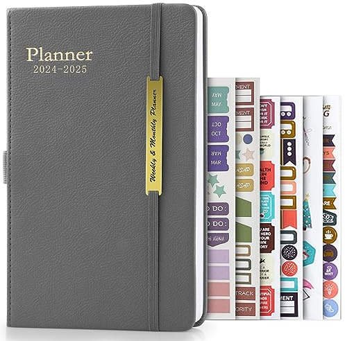 Kalender 2024 2025, Anhow 18 Monate A5 Terminplaner 2024 mit 4 Etiketten Aufkleber/ 2 Kalender Aufkleber für Planer, Januar 2024 - Juni 2025/14,3 x 20,6 cm (Grau)