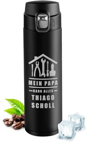 Maverton Trinkflasche mit Gravur 400 ml, Thermobecher auslaufsicher schwarz | 100% Dicht, Easy-Clean-Deckel, Thermoskanne aus Edelstahl, für Männer zum Geburtstag, schwarz, Werkstatt