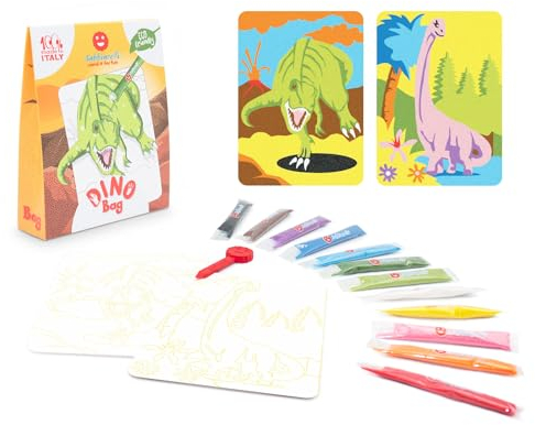 Sabbiarelli Sand-it For Fun - Bag Dino Dinosaurier - Mini Kreativ Bastelset: male mit Sand die Dinosaurier, 12 farben, Sandbilder für Kinder ab 5+, Kleine Geschenkidee