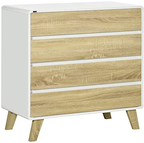 HOMCOM Commode 4 tiroirs Meuble de Rangement Design scandinave pour Couloir, Chambre, Salon, Salle de Bain 80 x 40 x 79,5 cm Blanc et Aspect Bois
