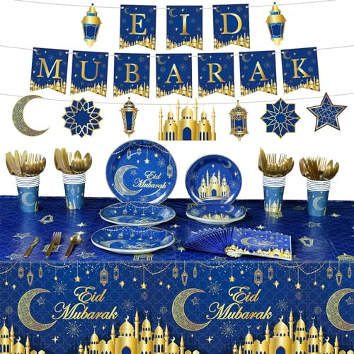 Serves 24 Ramadan Eid Mubarak Decorations Ramadan Kareem Party Supplies Include 9 Plates 7 Plates Cups Cutlery Napkins 2 Tablecloths 2 Eid Mubarak Banner for Muslim Islamic Eid Al Fitr Party