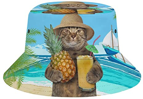 QQIAEJIA Hawaiianische Katze am Strand, Fischerhut, Unisex, Strandhut, Reisehut, Outdoor-Angelmütze für Damen und Herren, Hawaii-Katze mit Ananas, Einheitsgröße
