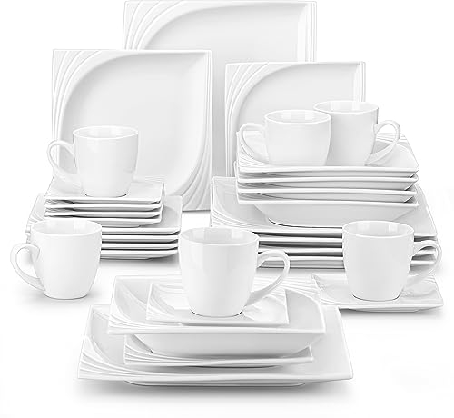 MALACASA, Serie Monica, Tafelservice 30-tlg Kombiservice Porzellan Geschirrset mit je 6 Kaffeetassen, 6 Unterteller, 6 Dessertteller, 6 Tiefteller und 6 Flachteller