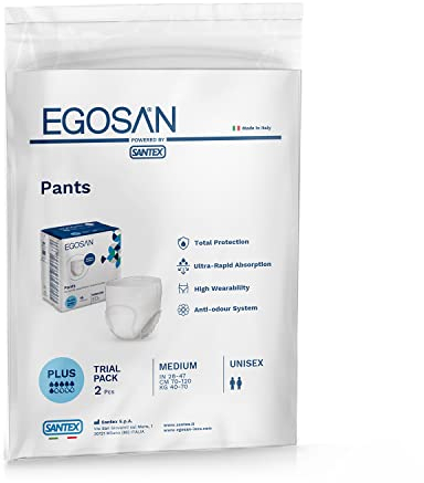 Egosan Windelhose Plus 2 Stück Probiergröße, Dehnbare, Saugfähige Taghose für Mittlere Inkontinenz, Voller Schutz, Gute Passform, Anti-Geruchs-System, Hypoallergen, Unisex, Größe M