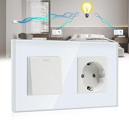 BSEED Lichtschalter mit Steckdose 1 Fach 3 Wege, Glas Platte Wandschalter mit 16A Schuko Steckdose, Lichtschalter Unterputz Wechselschalter mit Steckdose Weiß - 157mm