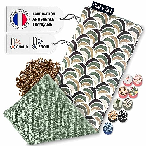 Chill&Rest - Bouillotte micro-onde fabriquée en France - Coussin chauffant cervicales - Cervicales douloureuses - Chauffe lit - Soulage l’anxiété- Idee cadeau - Fabrication artisanale - Vert -La Rétro