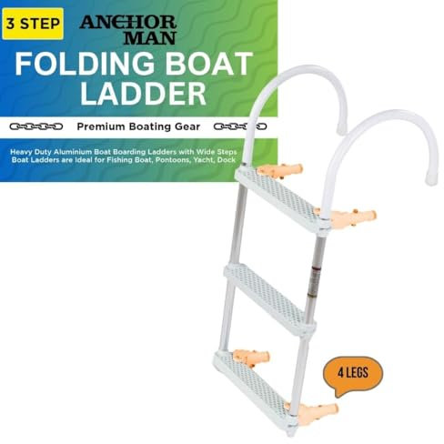 Anchor-Man Folding 3 Step Ladder for Fishing, Heavy-Duty Aluminum Pontoon Boat Ladder With Wide Steps, Ideal for Yacht, Dock, Etc
