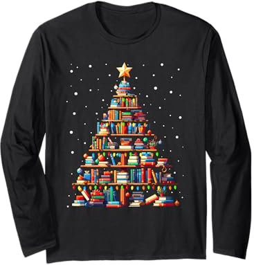 Christmas Library Tree Xmas For Librarian And Book Lover Long Sleeve T-Shirt