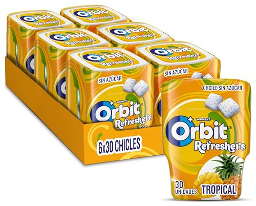 Orbit Bote de Chicles Sin Azúcar Sabor Tropical, Afrutado, Intenso y de Larga Duración en formato Gragea (6 x 30 chicles)