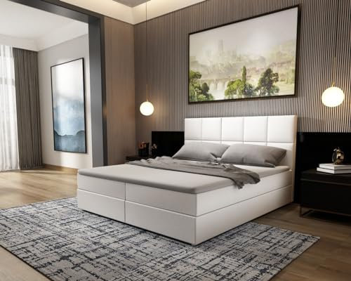 Sofa Dreams Leder Boxspringbett Lederbett Oeste Komplettbett mit Matratze und Topper - Bett in Premium Kunstleder (Weiss, 160x200 cm)