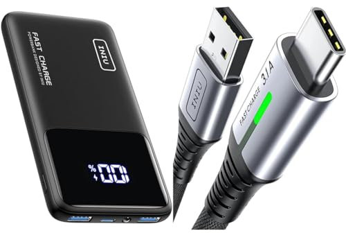 INIU Power Bank, 10000mAh Slimmest Fast Charging Portable Charger, 22.5W Mobile Phone Charger PD3.0 & USB C Charger Cable 2m 3.1A Type C Cable Fast Charging, Braided USB A to USB-C Phone Charger