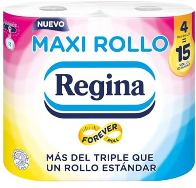 Regina Maxi-Rolle – 4 Rollen Toilettenpapier, 500 Blatt mit 2 Schichten pro Rolle, mehr als dreimal als eine Standardrolle, 60% recyceltes Kunststoffverpackung, 100% FSC-zertifiziertes Papier