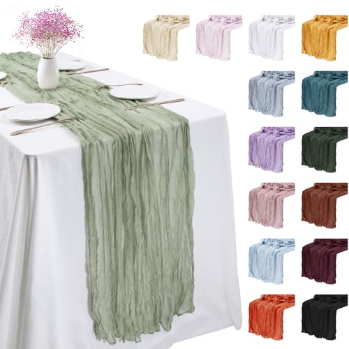 LEREATI Käsetuch Tischläufer Salbei Grün 90 x 300cm Chiffon Tischläufer Musselin Tischdecke Modern Abwaschbar Boho Tischdecke für Geburtstag, Hochzeit, Frühling, Küche Tischdeko