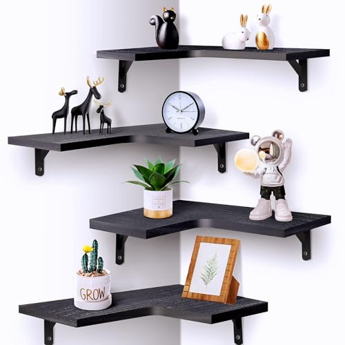 Wlicon schwimmende Eck-Wandregale Set von 4, Eckregale Wandmontage-Set Moderner rustikaler Stil, Wand montierte Display-Regale Holz für Wohnkultur Schlafzimmer Wohnzimmer (Schwarz)