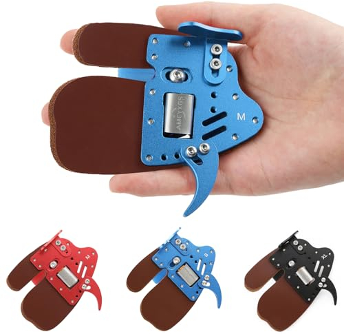 SHARROW Bogenschießen Fingertab aus Aluminium Platte Echtes Leder Fingerschutz Handschutz Einstellbare Schießhandschuhe Schutzausrüstung Finger Tab für Recurve Bogen (Blau+Braun, L)