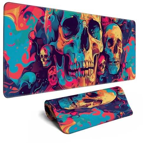 Desk Mat Psychedelic Desk Accessories Skulls Extended Gaming Mouse Desk Pad Decorations for Office Keyboard Mousepad Mat31.5x11.8in, Stitched Edge Non-Slip Bottom Large Mouse Pad