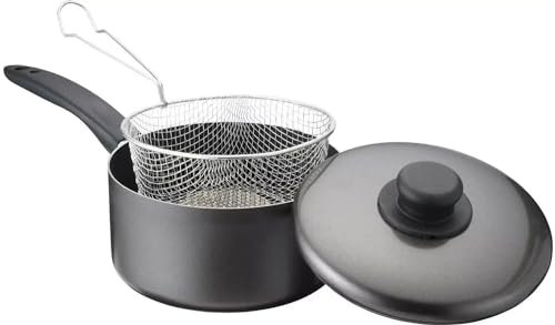 HOMESHOPA Chip Frying Pan with Basket and Lid, Non Stick Pan Deep Wire Strainer Basket for Frying Fries, Chips, Wedges, Aluminum Saucepan Deep Fat Fryer Kitchen Cooking Pot (8 - 20cm)