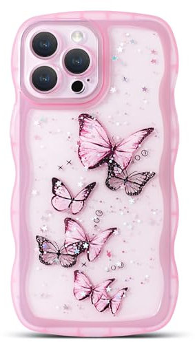 NITITOP Compatible with iPhone 13 Pro Case Cute Clear for Women Girls Butterfly Bling Glitter Sparkling Star Wave Curly Frame Soft TPU Shockproof Camera Protective Cover - Pink