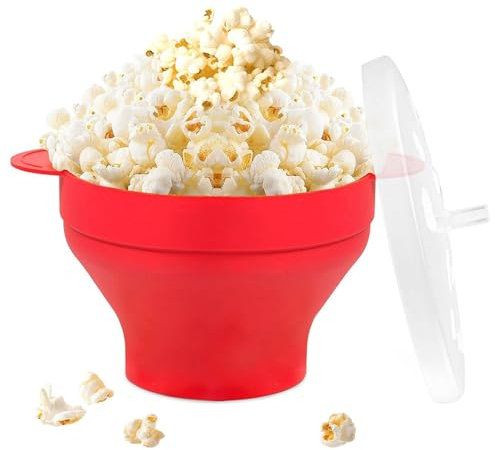 Palomitero Microondas, Plegable Recipiente para Cocinar Palomitas con Tapa y Asa, Palomitero de Silicona para Microondas, Sin bisfenol A, Palomitero Para Fiestas, Cocinas, Eventos Festivos, Rojo