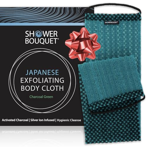 Japanese Exfoliating Washcloth for Back & Body - Charcoal & Silver Ion Exfoliating Towel with Handles - Two-Sided Gentle Exfoliation & Deep Cleansing Soft Body Wash Cloths for Shower - Green