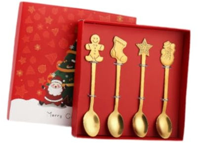 perfk Ensemble de 4 cuillères de Noël Ensemble de couverts de Noël en acier inoxydable Vaisselle de Noël Cuillère à dessert pour les festivals de café Fête, or
