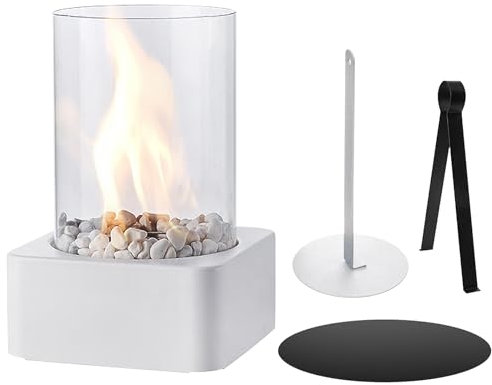 Chimenea redonda de mesa portátil, chimenea de bioetanol sin deducción, chimenea de bioetanol, juego de fuego de mesa con piedras decorativas para mesa, hogar, cocina, salón, jardín (blanco)