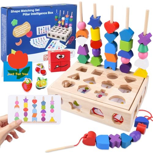 UCAMP Montessori Spielzeug ab 2 3 4 5 6 Jahre,4 in 1 Motorikspielzeug Holzspielzeug Feinmotorik mit Ablagefach Und Karten,Fädelspiel Sortierspiel für Kinder für Mädchen Junge 3 4 5 Jahre