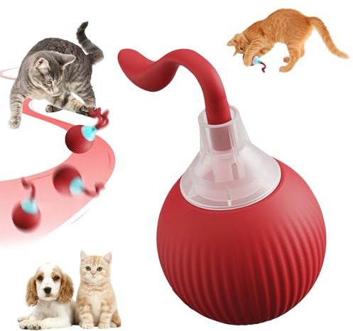 Skeadex Interaktives Katzenball Spielzeug mit Sound und LED-Licht, Intelligent Elektrisches Rollballspielzeug mit Schwanz, USB-Aufladung Katzenspielzeug Ball mit 3 Modi, für Katzen Hunde (Rot)