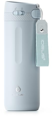IDEUS Insulated Stainless Steel Water Bottle 17 oz Push Button Lid & Leakproof Travel Mug for Hot/Cold Beverages Fits Most Cup Holder, Light Blue