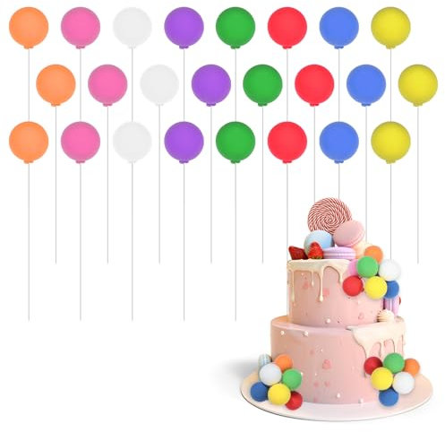 TIESOME 24Pcs Balloon Cake Decoration Balls, Beautiful Cake Insert Topper for DIY Cupcake Toppers Ball Cake Toppers for Birthday Party Wedding Cake Mini Balloons on a Stick Decoration(Multicolor)