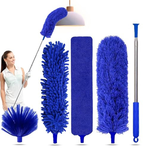 Duraone Kit de plumeros 5 en 1 para limpieza, plumero con poste de extensión, plumero extensible de 100 pulgadas, plumeros de microfibra, plumero Webster para limpiar ventiladores de techo, muebles,
