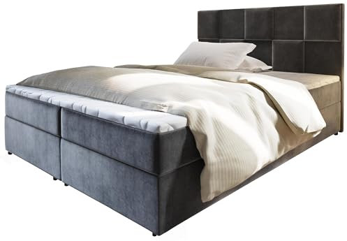 Masseno Boxspringbett Prata 180x200 cm Komplett-Set mit Matratze und Topper, Polsterbett mit Zwei Bettkästen -Grau, Paros 06