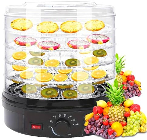 Electric Food Dehydrator, 350W Tray Food Dehydrator, with 5 Removable Trays, 35-70° Temperature Adjustable, Transparent Visual Fruit Tray, for Drying Fruit, Meat, Vegetable, Jerky and Pet Treat black
