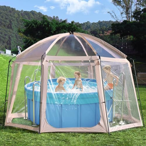 Pool Überdachung, Pooldach Für Pools bis Ø 366 cm, 2 IN 1 Whirlpool Überdachung und Bubble Zelt, Poolabdeckung Rund - 100% Blätterfall Verhindern und Sonnenschutz, Pool Pavillon, 460 x 460 x 300 cm.