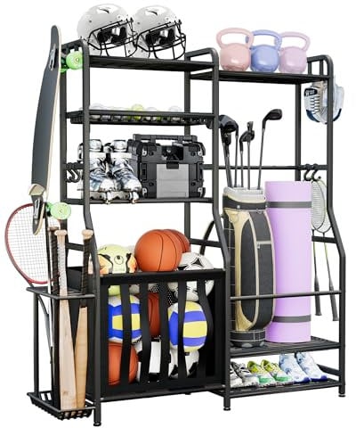 Faesun Sports Equipment Organizer, 2 Golf Bag Storage Rack for Garage, Heavy Duty Basketball Holder with Basket & Hooks, Garage Kids Toy Storage Bin for Gym, Shed, Indoor, Outdoor, Basement