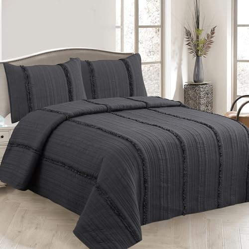 MS Hometex Interiors Mikrofaser Tagesdecke 150x220 mit 1 Kissen Set 50x70 – Bettüberwurf aus 100% Polyester mit Volants – Extraweiche pflegleichte Überwurf für Bett, Sofa & Couch (IVAL Dunkelgrau)
