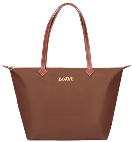 BOJLY Tote Bag Groß Shopper Tasche Damen, Leichte Faltbare Handtasche, Wasserdichte Nylon Schultertasche Damen mit Reißverschluss für Arbeit, Schule, Einkauf, Reisen (Rostbraun)