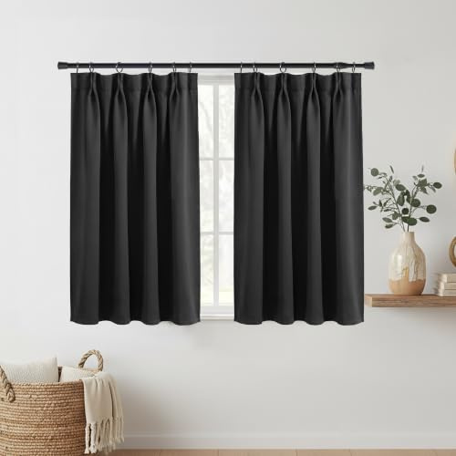 Lino Rosa Short Curtain Single Panel for Small Window, Pinch Pleated Blackout Tier Half Curtain for Windows, with Rings Clips Ready to Hang Drape for Bathroom Kitchen, (Black, 24 W x 24 L)