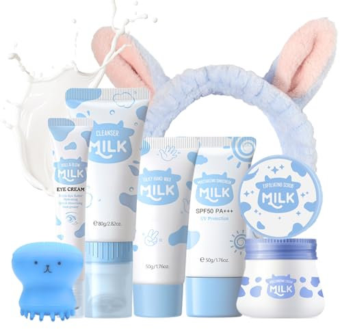 Set per la cura della pelle al latte, set regalo di bellezza per ragazze adolescenti, set e kit per la cura della pelle con cera per le mani, crema per gli occhi, detergente, scrub, idratante