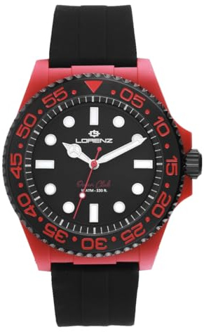 Lorenz Ocean Club 030268CC – Sportuhr für Herren mit Quarzuhrwerk – Gehäuse aus Superlegierung, rot – Armband aus Gummi und Faltschließe – Taucher 100 Meter – spezielle Taucherbox