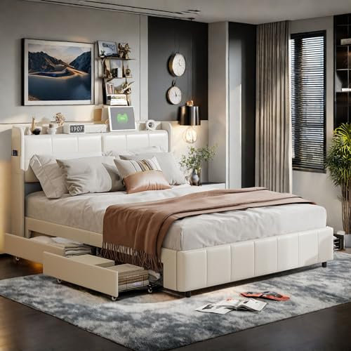 Lit Double Moderne avec Tête de Lit en Cuir PU Blanc, 4 Tiroirs Latéraux, USB et Prises Intégrées, Dossier Rembourré Confortable(140 x 200 cm)