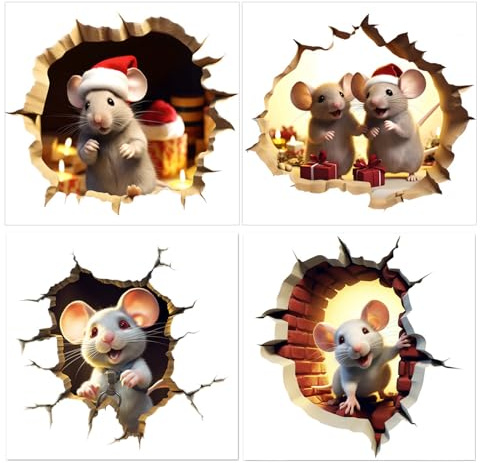 4 Pcs 3D Mouse Hole Wall Stickers Waterproof - Funny Xmas Wall Decor Set, Self Adhesive Cartoon Vinyl Stickers for Bedroom & Rental Homes (15cm x 15cm)