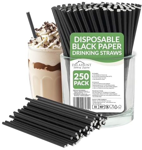 8-Inch (20cm) Black Paper Drinking Straws [250 Pack] - Disposable Compostable Eco-Friendly Straws for Smoothies, Milkshakes, Juices, Parties, Bars & Cold Drinks | 3-Ply FSC-Certified, PFAS & BPA-Free